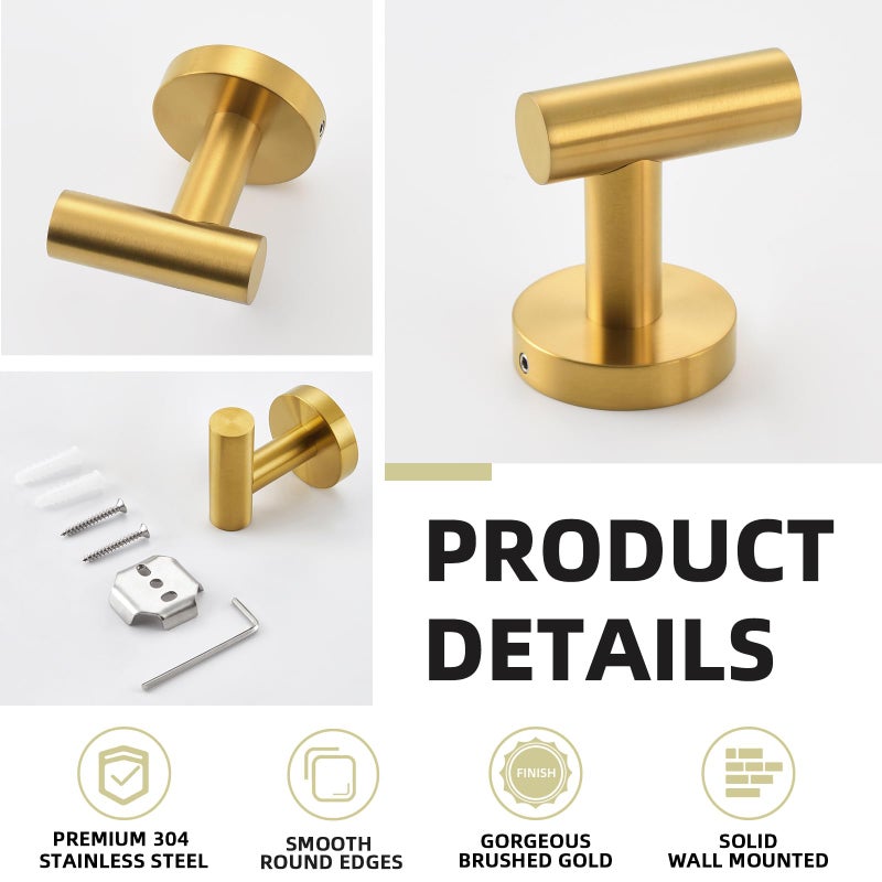 APLusee Robe Towel Hook, SUS 304 Stainless Steel Modern Home Storage Coat Hanger, Brushed Gold Wall Hook for Bath Toilet Kitchen Garage - Image 5